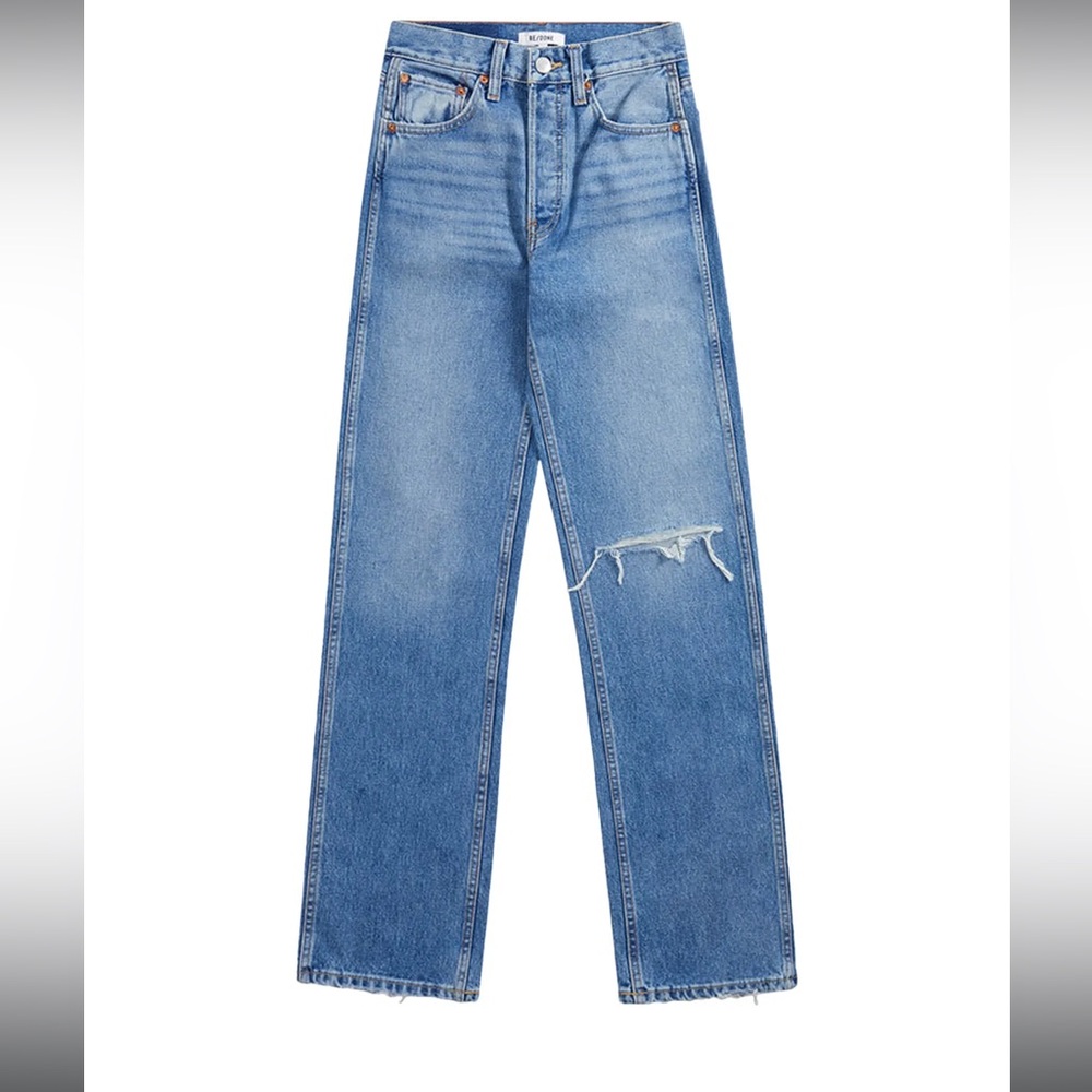 Re/Done High-Rise Straight-Leg Jeans in Medium Blue with Distressed Knee